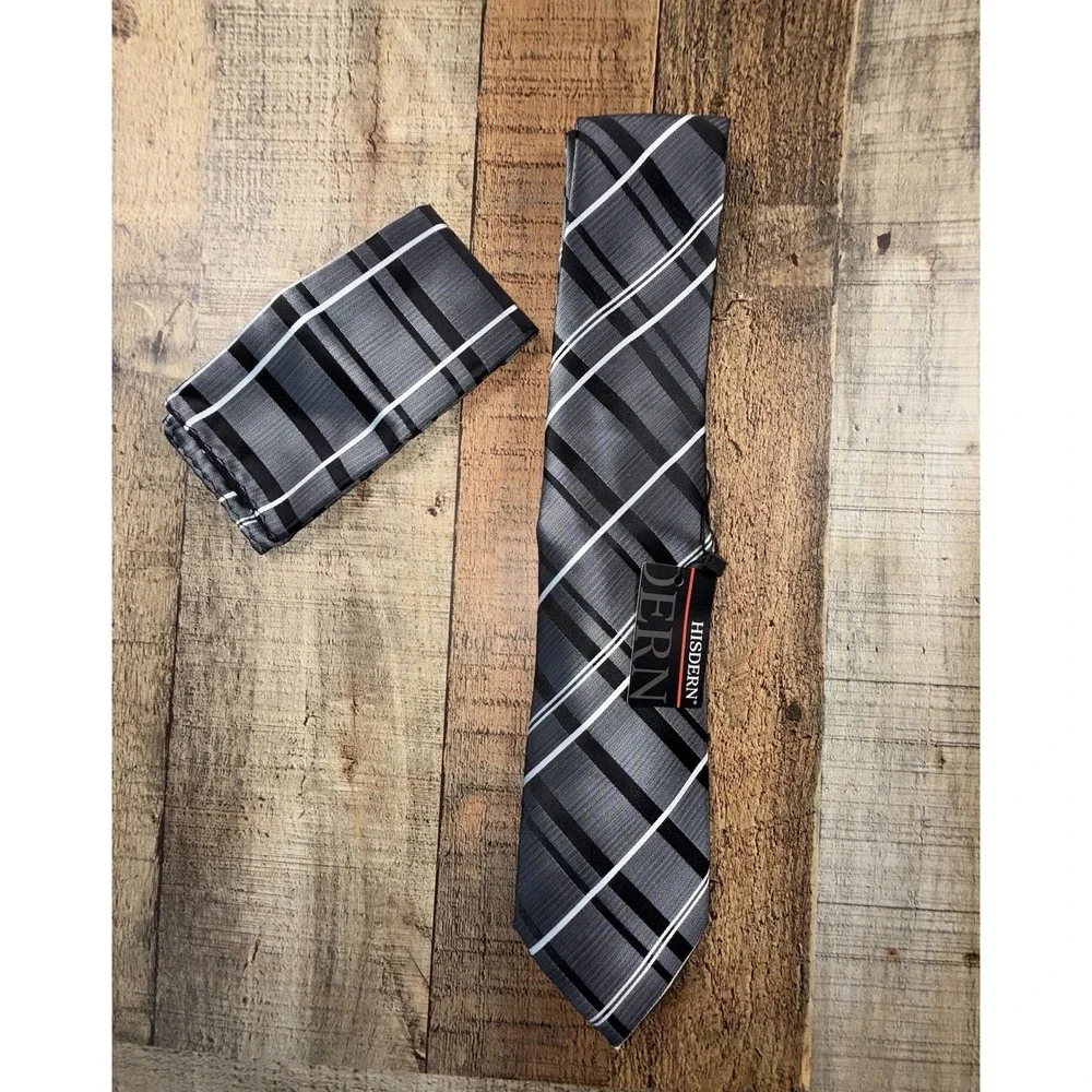 HISDERN Men's Gray Black Plaid Tie & Pocket Square Set New
